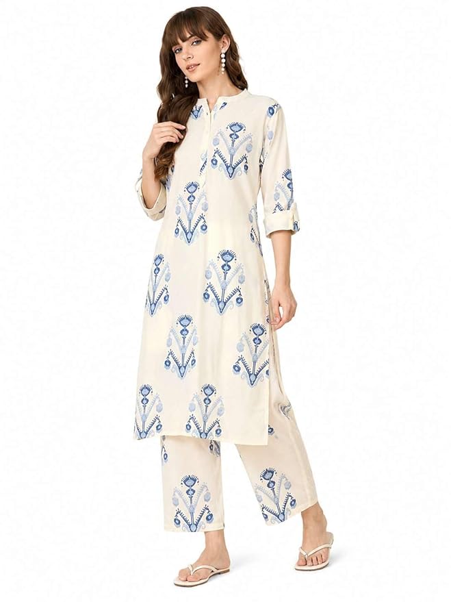 Women's Ivory & Blue Printed Kurta Pant