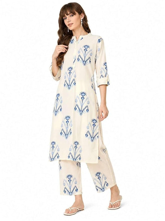 Women's Ivory & Blue Printed Kurta Pant