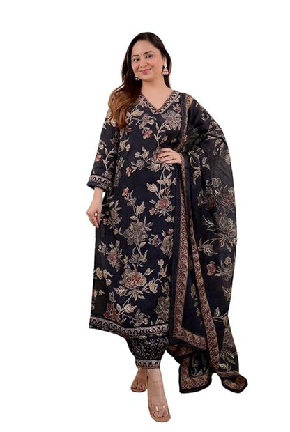LoomBella LifestyleWomen's Cotton Floral Printed Straight Kurti With Afghani Style Pant and Dupatta Set