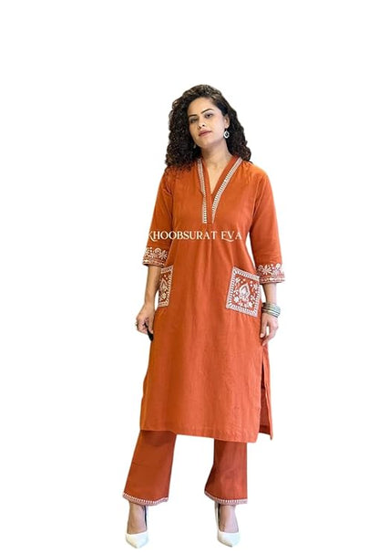 LoomBella LifestyleWomen's Cotton Embroidery Straight Kurti with Pant Set