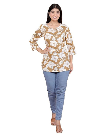 LoomBella LifestyleWomen's Cotton Floral Printed Straight Short Kurta Perfect for Casual, Formal, and Ethnic Wear