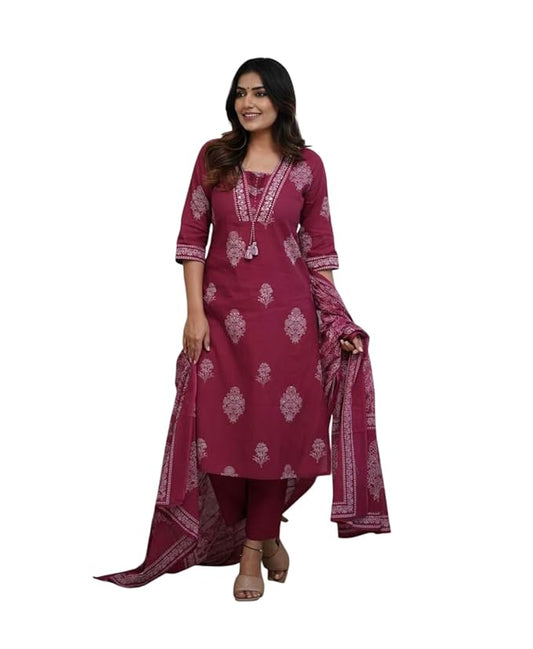 LoomBella LifestyleWomen's Cotton Printed Straight Kurti with Pant and Dupatta Set