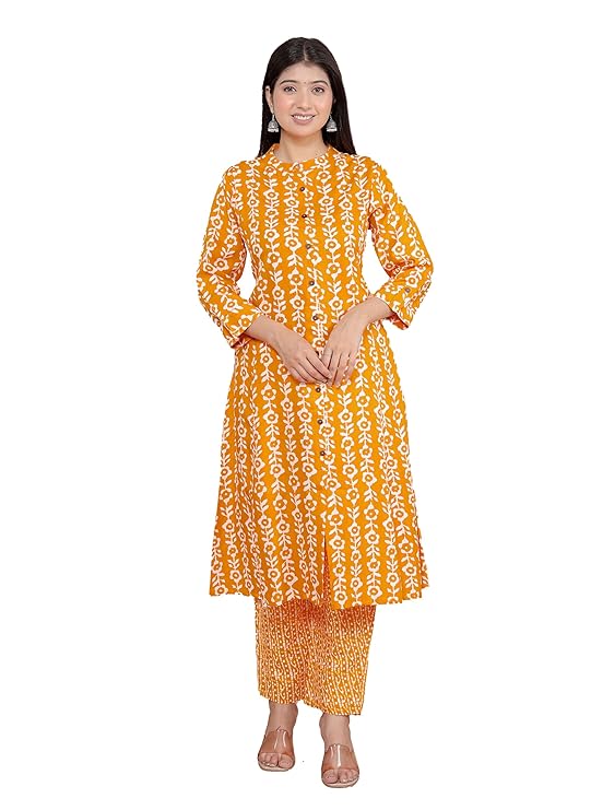 LoomBella Lifestyle Women's Cotton Floral Printed Mandarin Collar A-Line Kurti with Pant