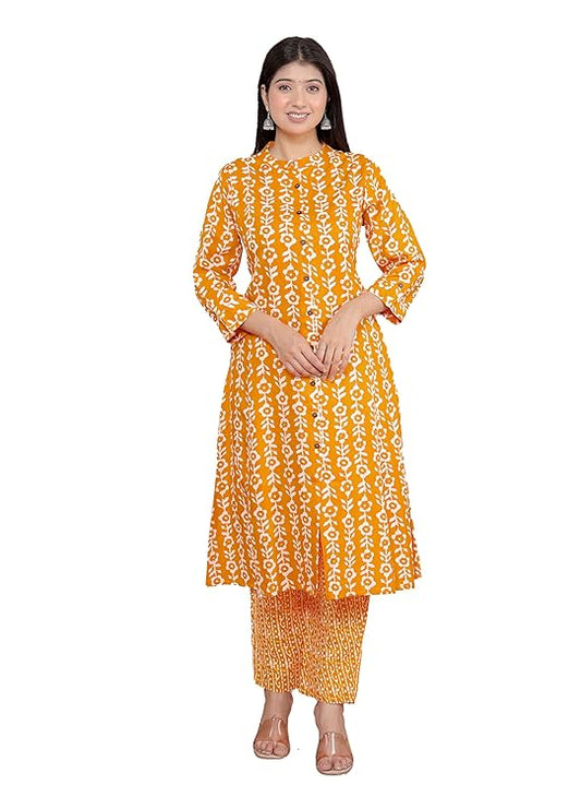 LoomBella Lifestyle Women's Cotton Floral Printed Mandarin Collar A-Line Kurti with Pant
