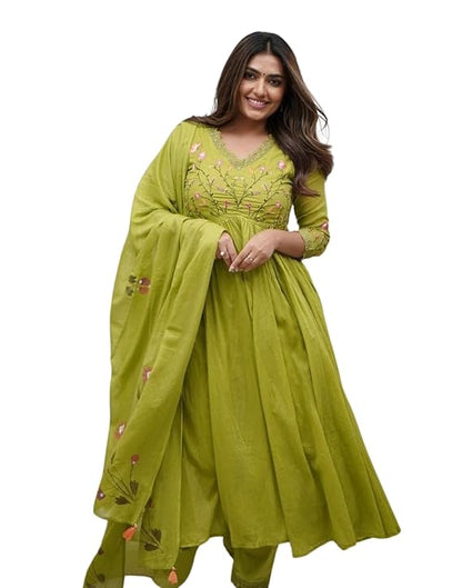 LoomBella Lifestyle Women's Cotton Embroidered Long Anarkali Kurti with Pant and Dupatta Set