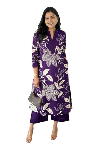 LoomBella Lifestyle Women's Cotton Floral Printed Straight Kurti with Pant Set