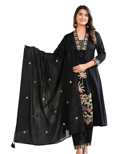 LoomBella LifestyleWomen's Cotton Embroidery Straight Kurti with Pant Set