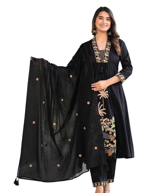 LoomBella LifestyleWomen's Cotton Embroidery Straight Kurti with Pant Set