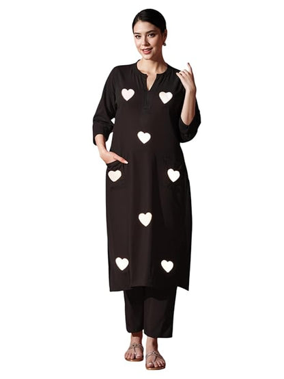LoomBella LifestyleWomen's Cotton Embroidered Straight Kurti with Pant Set