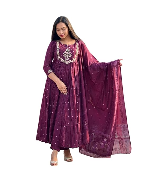 LoomBella LifestyleWomen's Cotton Embroidery Anarkali Kurti and Pant with Dupatta Set