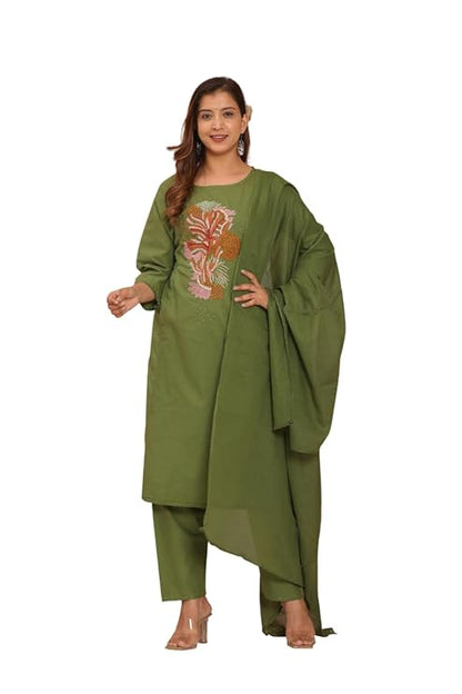 LoomBella Lifestyle Women's Cotton Embroidery Straight Kurti with Pant Set