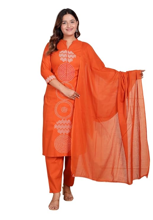 LoomBella Lifestyle Women's Cotton Printed Straight Kurti With Pant and Dupatta Set