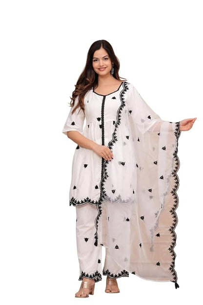 LoomBella Lifestyle Women's Cotton Embroidery Work Straight Kurti with Pant and Dupatta Set