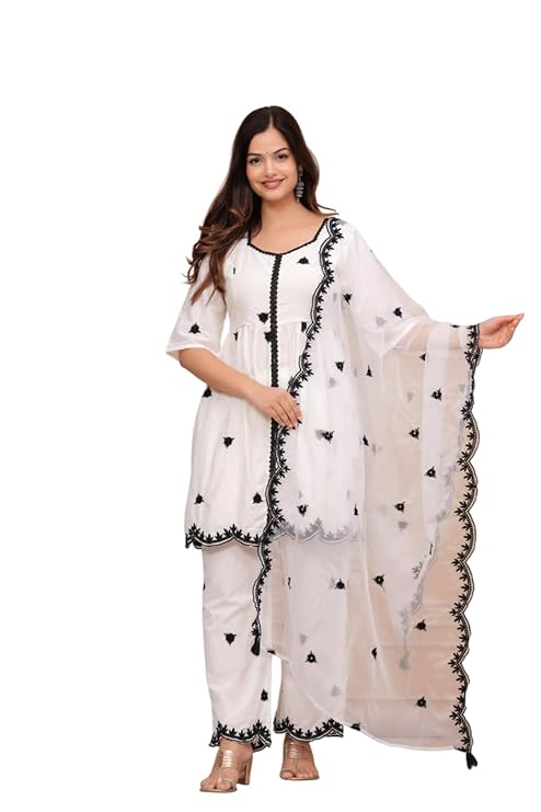 LoomBella Lifestyle Women's Cotton Embroidery Work Straight Kurti with Pant and Dupatta Set