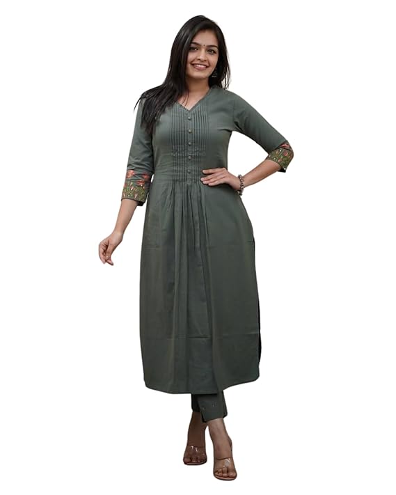 LoomBella LifestyleWomen's Cotton a-line Flared Straight Kurti with Pant