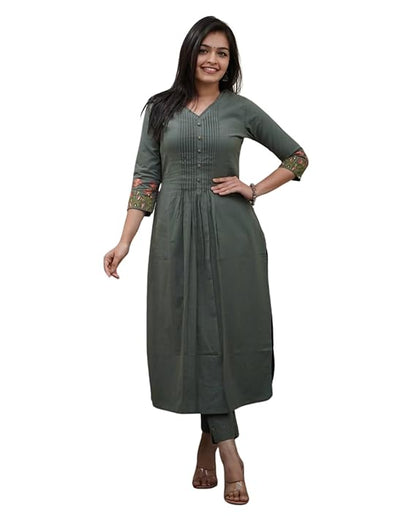 LoomBella LifestyleWomen's Cotton a-line Flared Straight Kurti with Pant