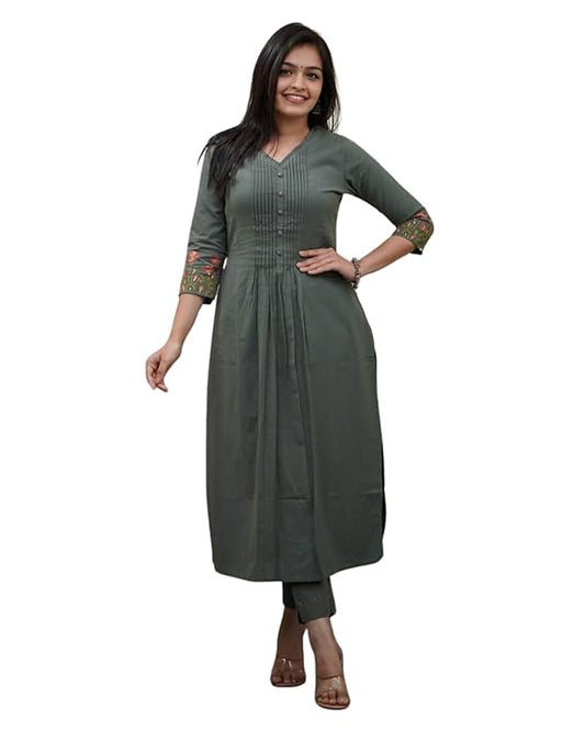 LoomBella LifestyleWomen's Cotton a-line Flared Straight Kurti with Pant