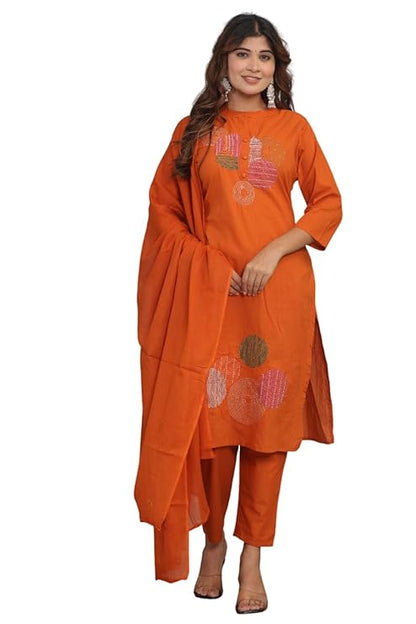 LoomBella Lifestyle Women's Cotton Embroidery Straight Kurti with Pant Set