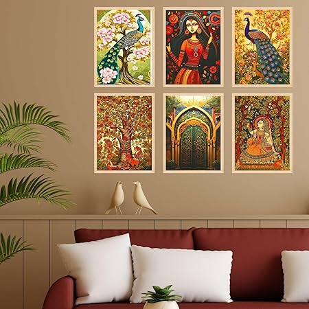 FAB CRAFT STUDIO Set of Six Madhubani Wall Paintings for Wall Dacoration Large Framed Wall Paintings for Living Room & Bedroom Wall Art for Home Decoration & Office Wall Décor