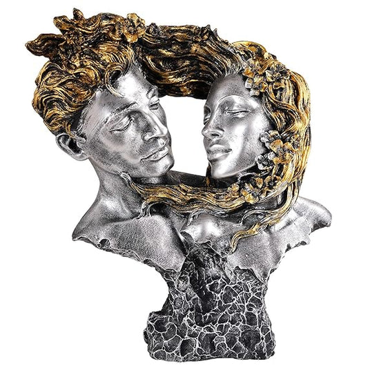 FAB CRAFT STUDIO Love Couple Face Statue Silver and Golden Showpiece for Home Decor Valentine Day Gift | Resin Decorative Showpiece