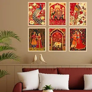 FAB CRAFT STUDIO Set of Six Madhubani Wall Paintings for Wall Dacoration Large Framed Wall Paintings for Living Room & Bedroom Wall Art for Home Decoration & Office Wall Décor