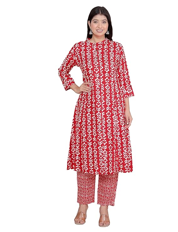 LoomBella LifestyleWomen's Rayon Floral Printed Mandarin Collar A-Line Kurti with Trousers