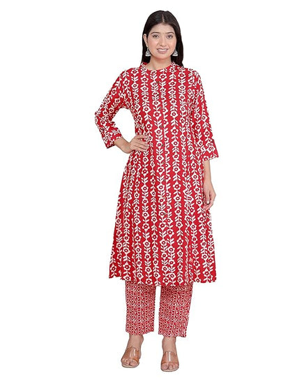 LoomBella LifestyleWomen's Rayon Floral Printed Mandarin Collar A-Line Kurti with Trousers