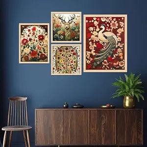 FAB CRAFT STUDIO Madhubani Set of Four Framed Painting for Wall Painting Decoration, Painitngs for home Decorations, Scenery for Living Room Decor