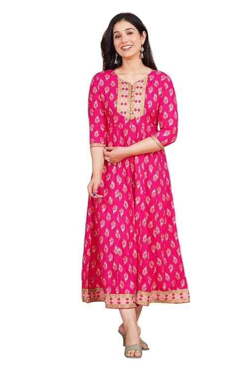 LoomBella LifestyleWomen's Rayon Printed Anarkali Short Kurti Gown