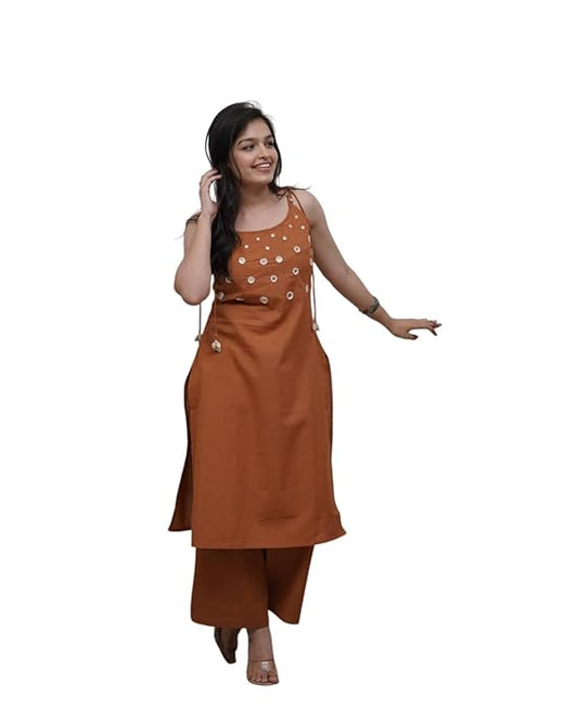 LoomBella LifestyleWomen's Cotton Embroidery Sleeveless Kurti with Ankle Length Pant Set