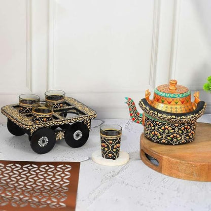 FAB CRAFT STUDIO Handpainted Alluminium Tea Kettle with Four Glasses and Wooden Tray for Home Dcor Tea Party Serving