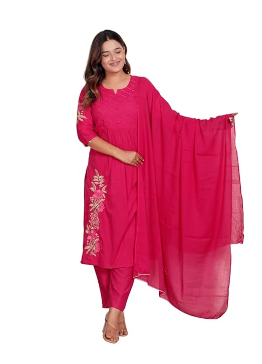 LoomBella Lifestyle Women's Cotton Embroidered Straight Kurti With Pant and Dupatta Set