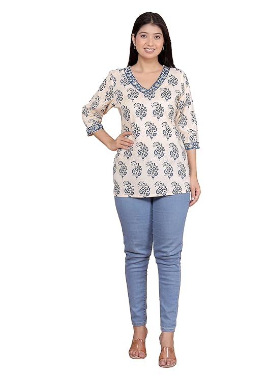 LoomBella LifestyleWomen's Cotton Block Printed Short Straight Kurti Perfect for Casual, Formal, and Ethnic Wear