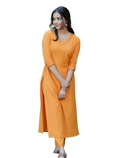 LoomBella LifestyleWomen's Cotton V-Neck Solid Straight Kurti with Pant