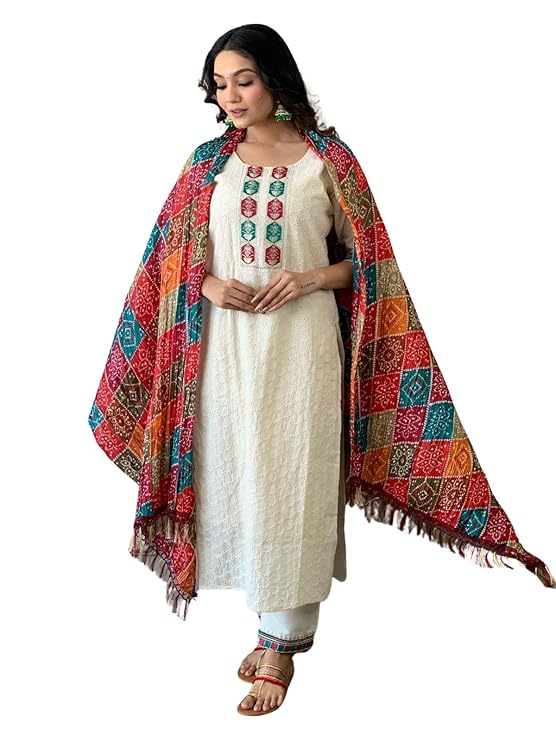 LoomBella Lifestyle Women's Cotton Chikankari Print Straight Kurti with Pant and Mulmul Dupatta Set
