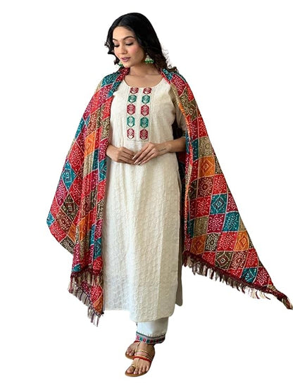 LoomBella Lifestyle Women's Cotton Chikankari Print Straight Kurti with Pant and Mulmul Dupatta Set