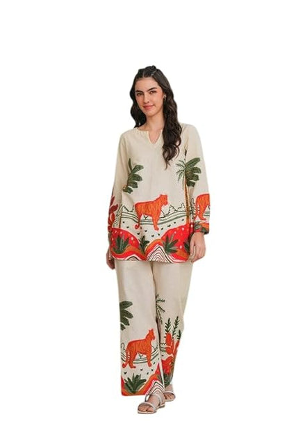 LoomBella Lifestyle Women's Cotton Floral Printed Straight Short Kurti with Pant Set