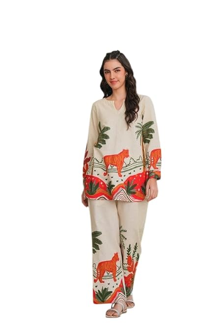 LoomBella Lifestyle Women's Cotton Floral Printed Straight Short Kurti with Pant Set