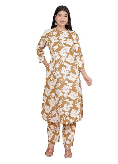 LoomBella Lifestyle Women's Cotton Floral Printed Mandarin Collar A-Line Kurti with Pant