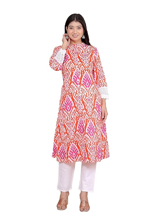 LoomBella LifestyleWomen's Cotton Printed Mandarin Collar A-Line Kurti with Pant