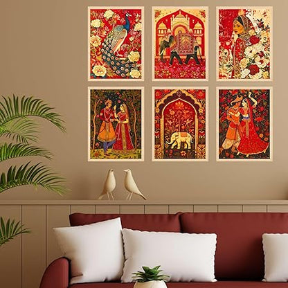 FAB CRAFT STUDIO Set of Six Madhubani Wall Paintings for Wall Dacoration Large Framed Wall Paintings for Living Room & Bedroom Wall Art for Home Decoration & Office Wall Décor