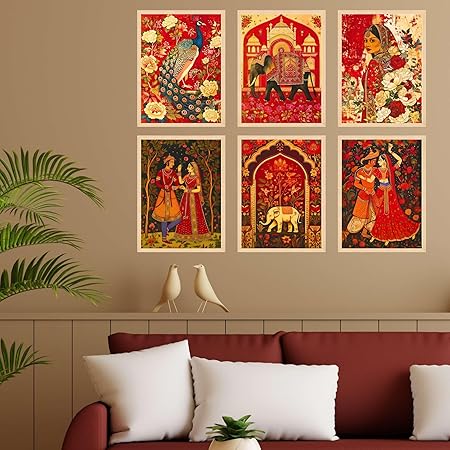 FAB CRAFT STUDIO Set of Six Madhubani Wall Paintings for Wall Dacoration Large Framed Wall Paintings for Living Room & Bedroom Wall Art for Home Decoration & Office Wall Décor
