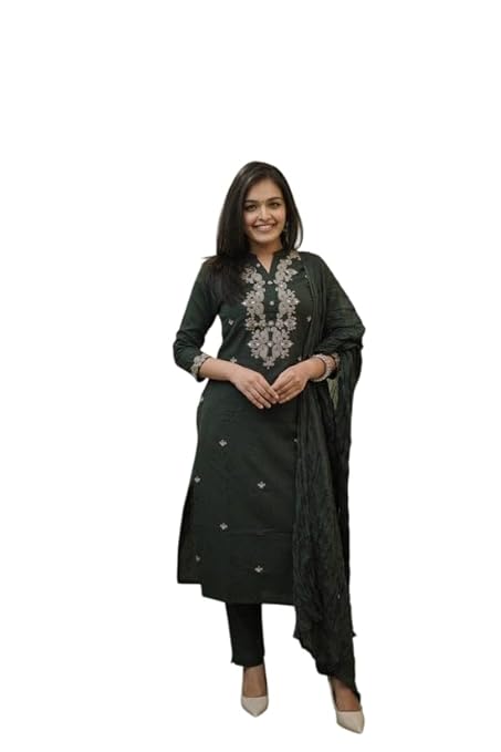 LoomBella LifestyleWomen's Cotton Embroidery Straight Kurti Pant With Dupatta Set