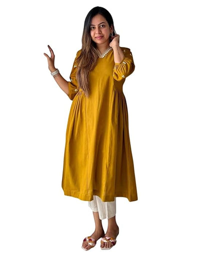 LoomBella LifestyleWomen's Cotton Embroidered Anarkali Kurti with Pant