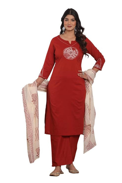 LoomBella Lifestyle Women's Cotton Embroidery Straight Kurti with Pant Set