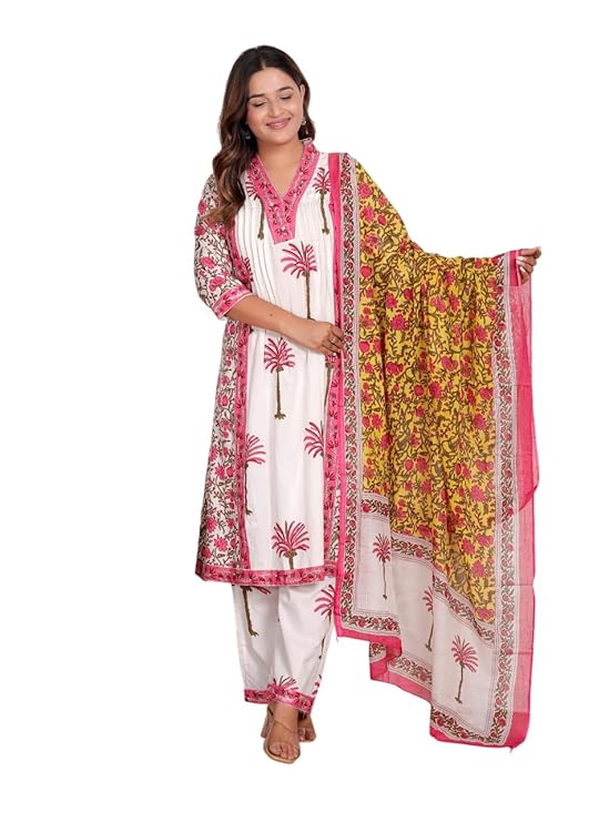 LoomBella Lifestyle Women's Cotton Printed Straight Kurti With Pant and Dupatta Set