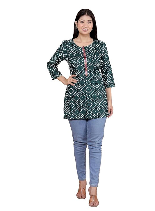 LoomBella Lifestyle Bandhej Printed Straight Kurti Perfect for Casual, Formal, and Ethnic Wear
