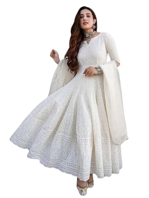 LoomBella LifestyleWomen's Cotton Chikankari Long Anarkali Kurti With Dupatta (White)