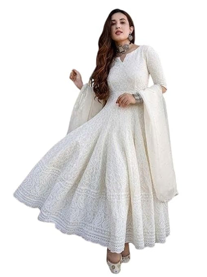 LoomBella LifestyleWomen's Cotton Chikankari Long Anarkali Kurti With Dupatta (White)