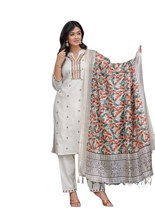 LoomBella Lifestyle Women's Cotton Embroidered Straight Kurti with Pant and Dupatta Set